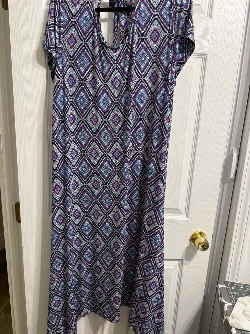 Chico's Midi Dress Size 3 16/18 Blue Purple Diamond Print Tie Back